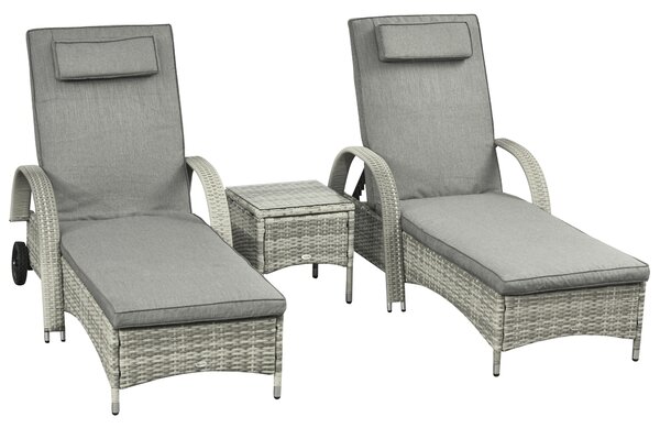 Outsunny Lettino Prendisole Tavolino Set da Giardino in 3 Pezzi, Rattan Sintetico+Metallo Grigio