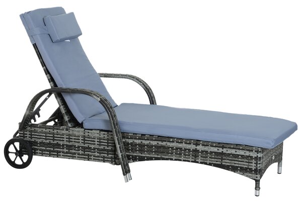 Outsunny Sdraio da Giardino in Polirattan con Schienale Regolabile in 5 Posizioni, Cuscino, Ruote, Portata 160 kg, Sedia Sdraio Relax per Giardino, 200x73x30-103cm, Grigio
