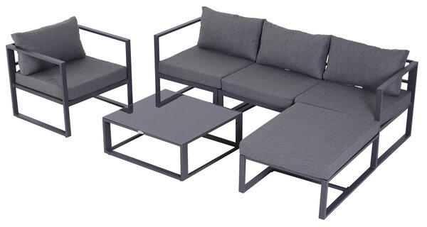 Outsunny Set da giardino 6 pezzi con divano da giardino, set da lounge da giardino in alluminio + poliestere + vetro temperato grigio con cuscini per 4-5 persone