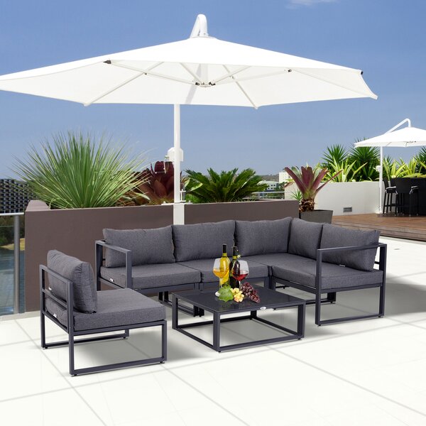 Outsunny 6 pz. Set da giardino Salotto da giardino Gruppo di sedute Mobili da giardino in alluminio + Poliestere + Vetro temperato Grigio 4 x Sedia 1 x Divano ad angolo 1 x Tavolino da caffè Cuscini per 4–5 persone