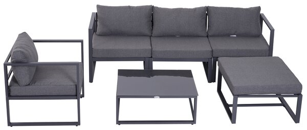 Outsunny Set da giardino 6 pezzi con divano da giardino, set da lounge da giardino in alluminio + poliestere + vetro temperato grigio con cuscini per 4-5 persone