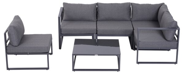 Outsunny 6 pz. Set da giardino Salotto da giardino Gruppo di sedute Mobili da giardino in alluminio + Poliestere + Vetro temperato Grigio 4 x Sedia 1 x Divano ad angolo 1 x Tavolino da caffè Cuscini per 4–5 persone