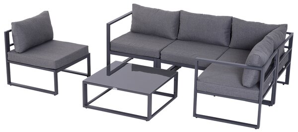 Outsunny 6 pz. Set da giardino Salotto da giardino Gruppo di sedute Mobili da giardino in alluminio + Poliestere + Vetro temperato Grigio 4 x Sedia 1 x Divano ad angolo 1 x Tavolino da caffè Cuscini per 4–5 persone