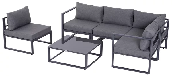 Outsunny 6 pz. Set da giardino Salotto da giardino Gruppo di sedute Mobili da giardino in alluminio + Poliestere + Vetro temperato Grigio 4 x Sedia 1 x Divano ad angolo 1 x Tavolino da caffè Cuscini per 4–5 persone