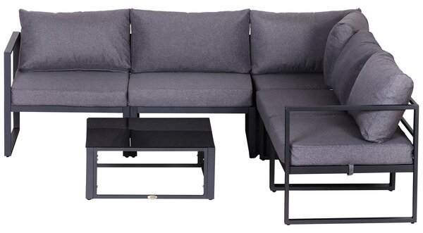 Outsunny 6 pz. Set da giardino Salotto da giardino Gruppo di sedute Mobili da giardino in alluminio + Poliestere + Vetro temperato Grigio 4 x Sedia 1 x Divano ad angolo 1 x Tavolino da caffè Cuscini per 4–5 persone