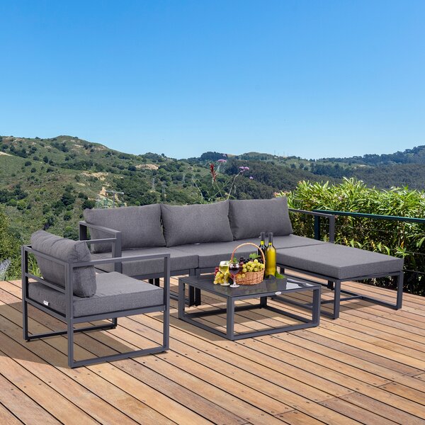 Outsunny Set da giardino 6 pezzi con divano da giardino, set da lounge da giardino in alluminio + poliestere + vetro temperato grigio con cuscini per 4-5 persone