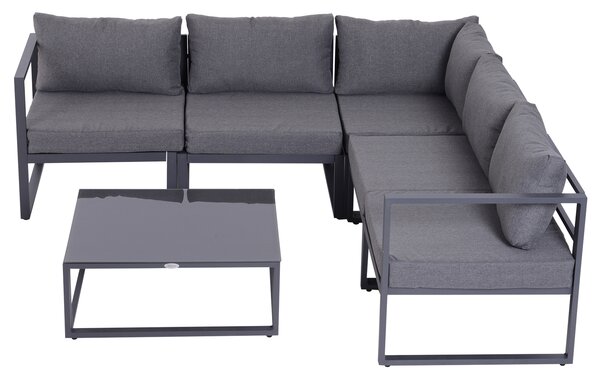 Outsunny 6 pz. Set da giardino Salotto da giardino Gruppo di sedute Mobili da giardino in alluminio + Poliestere + Vetro temperato Grigio 4 x Sedia 1 x Divano ad angolo 1 x Tavolino da caffè Cuscini per 4–5 persone