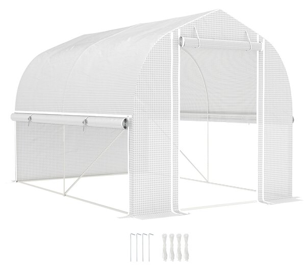 Outsunny 3 x 2 x 2 m Serra a tunnel in polietilene con lati avvolgibili, copertura in plastica resistente ai raggi UV e struttura in acciaio zincato, Bianco