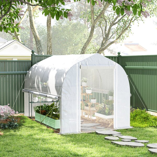 Outsunny 3 x 2 x 2 m Serra a tunnel in polietilene con lati avvolgibili, copertura in plastica resistente ai raggi UV e struttura in acciaio zincato, Bianco
