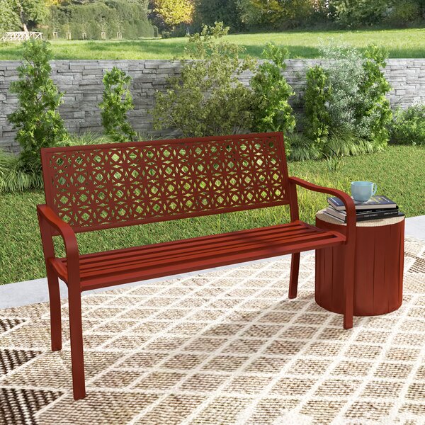 Outsunny Panca da Giardino in acciaio con schienale traforato, braccioli, per 2 persone, in rosso