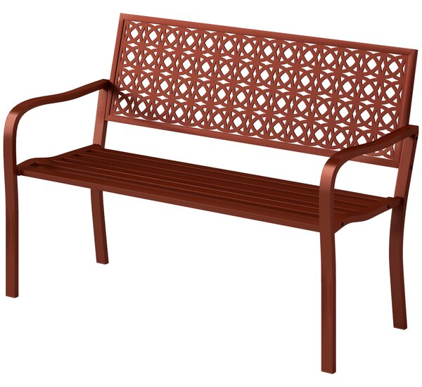 Outsunny Panca da Giardino in acciaio con schienale traforato, braccioli, per 2 persone, in rosso