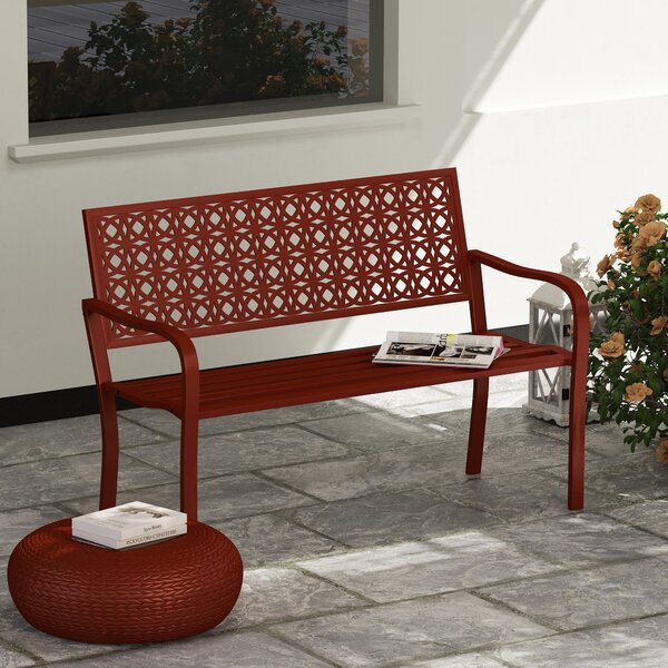 Outsunny Panca da Giardino in acciaio con schienale traforato, braccioli, per 2 persone, in rosso