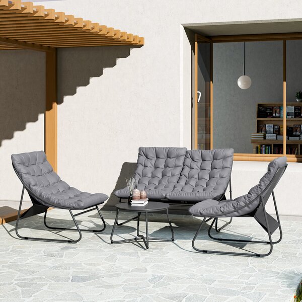Outsunny Set di mobili da giardino per 4 persone, 2 sedie, 1 divano a due posti, 1 tavolino con piano in vetro, cuscini spessi, telaio in acciaio, per terrazza, grigio