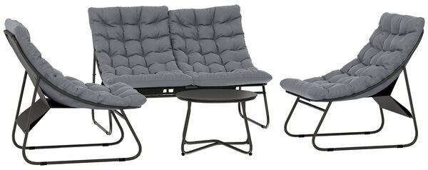 Outsunny Set di mobili da giardino per 4 persone, 2 sedie, 1 divano a due posti, 1 tavolino con piano in vetro, cuscini spessi, telaio in acciaio, per terrazza, grigio