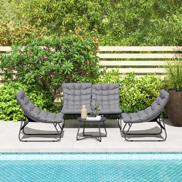 Outsunny Set di mobili da giardino per 4 persone, 2 sedie, 1 divano a due posti, 1 tavolino con piano in vetro, cuscini spessi, telaio in acciaio, per terrazza, grigio