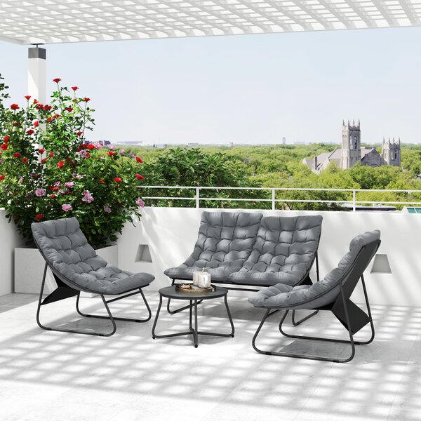 Outsunny Set di mobili da giardino per 4 persone, 2 sedie, 1 divano a due posti, 1 tavolino con piano in vetro, cuscini spessi, telaio in acciaio, per terrazza, grigio
