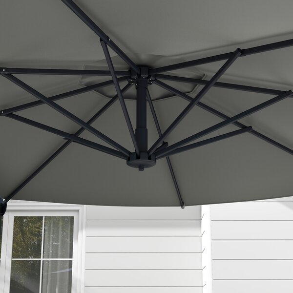 Outsunny Ø3 m Ombrellone a Braccio Laterale, inclinabile, girevole, manovella, cupola antivento, palo in metallo, Grigio Scuro