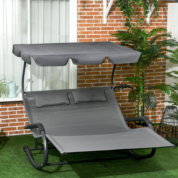 Outsunny Lettino Prendisole Doppio per 2 Persone, con Cuscini e Tettuccio Inclusi, 200 cm x 139 cm x 140 cm, Grigio Scuro | Aosom Italy