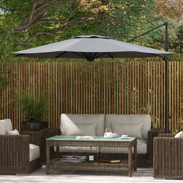 Outsunny Ø3 m Ombrellone a Braccio Laterale, inclinabile, girevole, manovella, cupola antivento, palo in metallo, Grigio Scuro