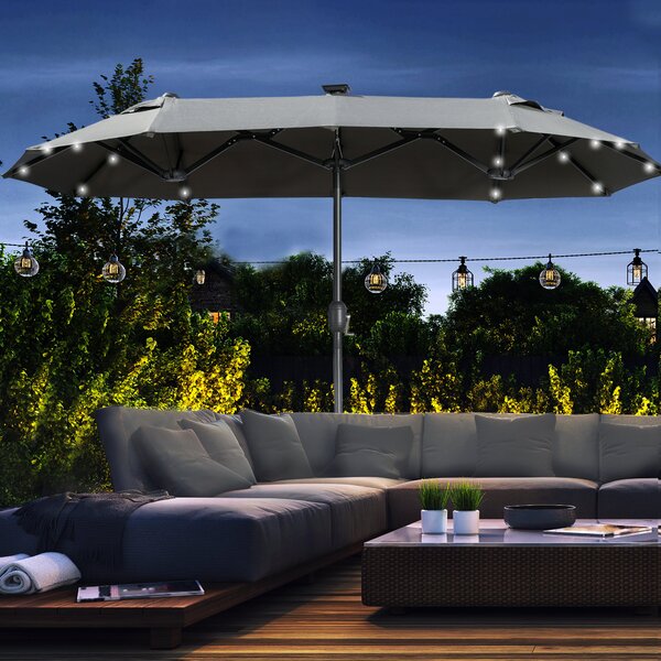 Outsunny Ombrello doppio, Ombrello da terrazza, inclinabile, con pannello solare, 35 LED, struttura in acciaio, grigio, 2,92 x 1,50 x 2,18 m