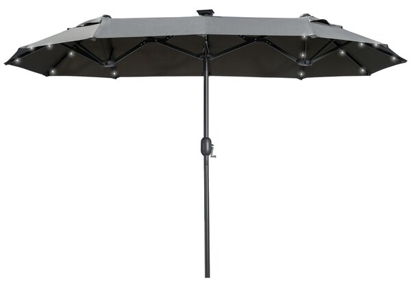 Outsunny Ombrello doppio, Ombrello da terrazza, inclinabile, con pannello solare, 35 LED, struttura in acciaio, grigio, 2,92 x 1,50 x 2,18 m