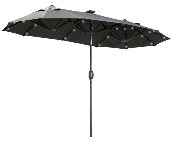 Outsunny Ombrello doppio, Ombrello da terrazza, inclinabile, con pannello solare, 35 LED, struttura in acciaio, grigio, 2,92 x 1,50 x 2,18 m