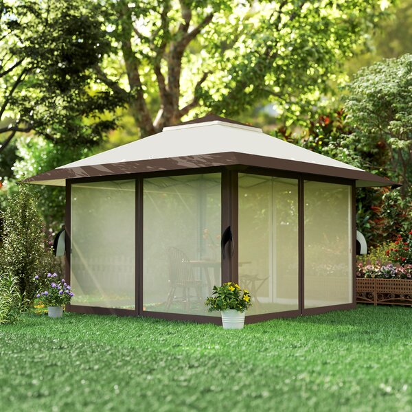 Outsunny Gazebo da giardino 4 x 4 m, Gazebo con pareti a rete, Protezione UPF50+, Gazebo regolabile in altezza, Beige