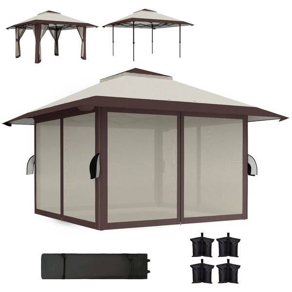 Outsunny Gazebo da giardino 4 x 4 m, Gazebo con pareti a rete, Protezione UPF50+, Gazebo regolabile in altezza, Beige