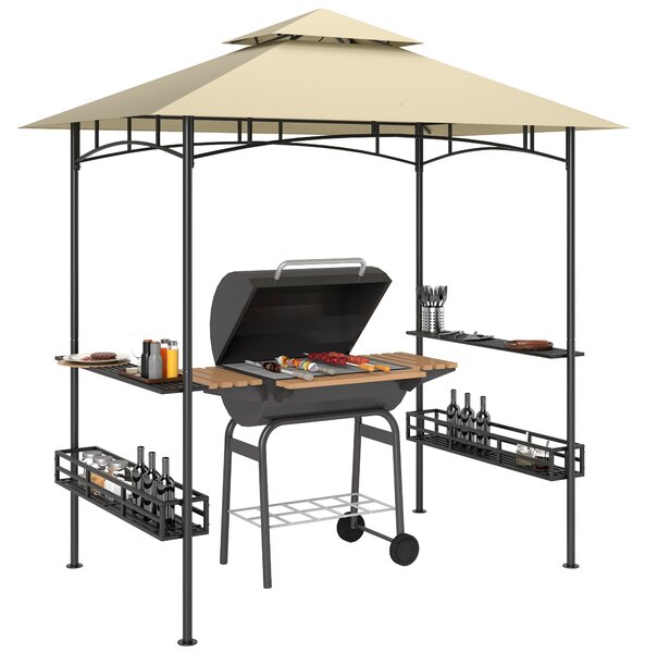 Outsunny Gazebo da BBQ, Gazebo da giardino con 2 ripiani, ceste portaoggetti, ganci, per terrazza, Beige