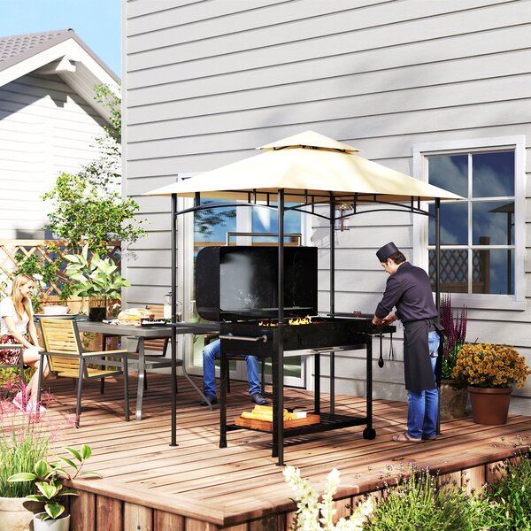 Outsunny Gazebo per Grigliate con LED 240 x 150 x 258 cm idrorepellente ignifugo Gazebo da Giardino con Tetto a Doppio Strato