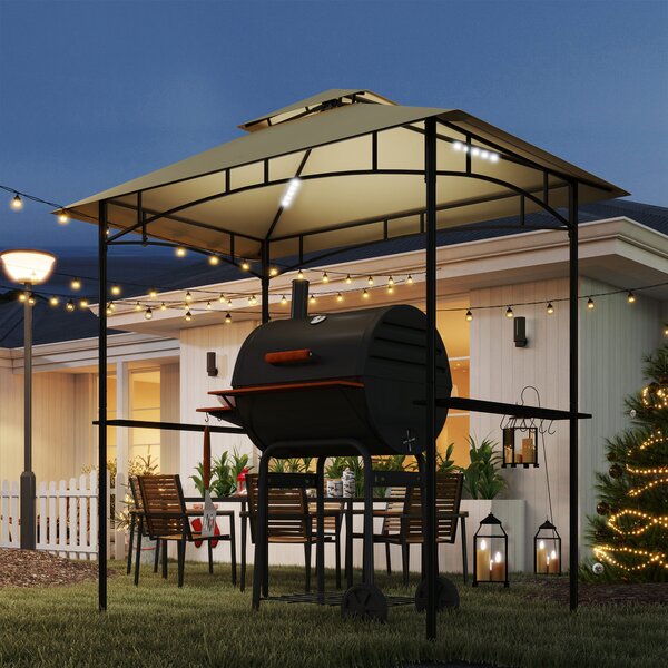 Outsunny Gazebo per Grigliate con LED 240 x 150 x 258 cm idrorepellente ignifugo Gazebo da Giardino con Tetto a Doppio Strato