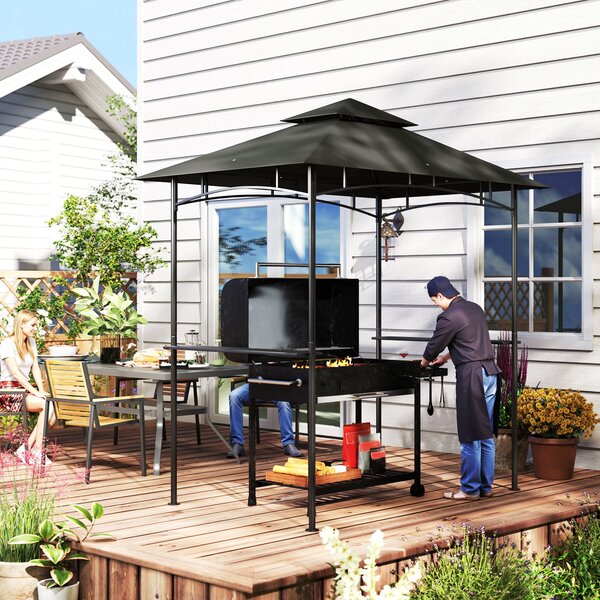 Outsunny Pavillon per barbecue con LED 240 x 150 x 258 cm, resistente all'acqua e al fuoco, Gazebo da giardino con tetto a doppio strato