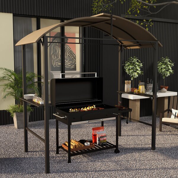 Outsunny Gazebo per Barbecue, 2 Ripiani Laterali, Ganci, Telaio in Acciaio, 1,1 x 2,3m, Kaki