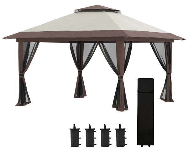 Gazebo Pieghevole 4x4 m ad Altezza Regolabile con Zanzariera e Borsa in Metallo e Tessuto Oxford Beige