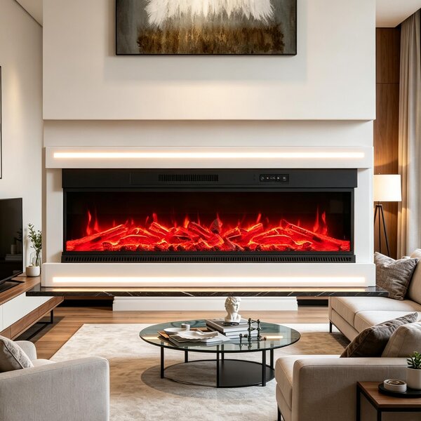 INONEFT, caminetto elettrico da 50 pollici, con effetti di fiamma 3D, potenza di riscaldamento di 750/1500 W, telecomando, modello da appoggio o da incasso, sistema di sicurezza con spegnimento automatico, colore bianco