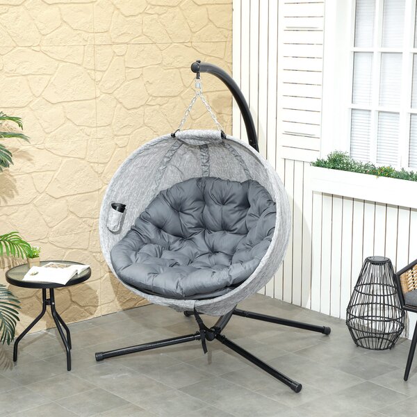 Outsunny Cesto Sospeso a Forma di Uovo, Amaca con Funzione Altalena e Cestino Pieghevole, Sedia da Giardino, Portabicchieri, Grigio