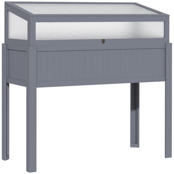 Outsunny Letto Rialzato in Legno con Serra 2-in-1 Frangivento Frangivista Orto Erbe Vaso da Giardino Balcone e Terrazza Policarbonato Grigio 120 x 54 x 112/122 cm