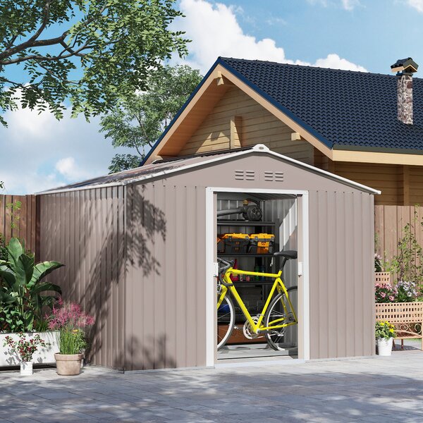 Outsunny Casetta da Giardino con porte scorrevoli e finestre, Capanno per attrezzi in metallo, 277 x 195 x 192 cm, Grigio chiaro | Aosom Italy
