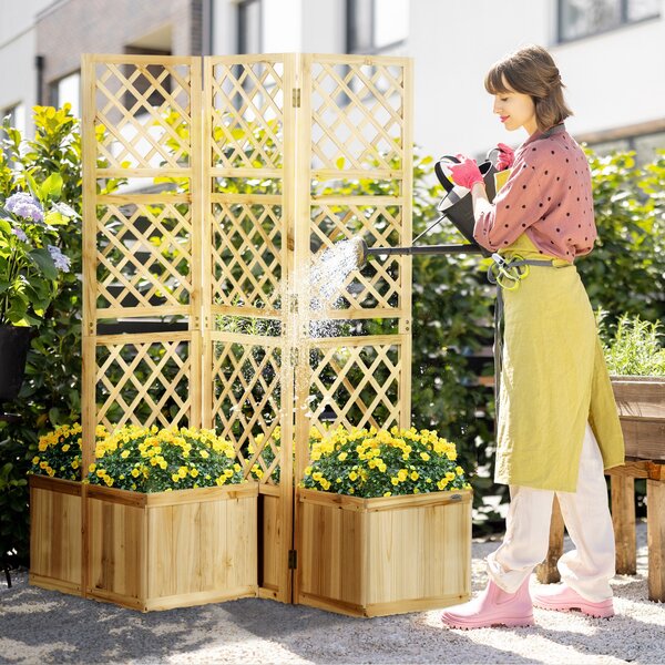 Outsunny Paravento pieghevole a 3 ante per Giardino con 4 fioriere, in Legno Massello, 133 x 62 x 165 cm, Colore Naturale | Aosom Italy