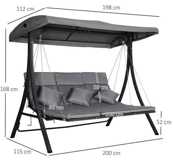 Outsunny Dondolo 3 Posti per Esterni Giardino, con Chaise Longue e Tetto Regolabile, Nero e Grigio, 200 x 115 x 168 cm|Aosom