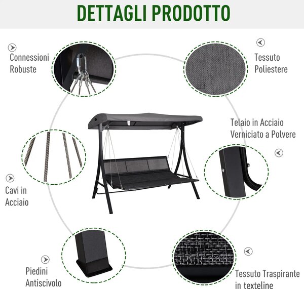 Outsunny Dondolo 3 Posti per Esterni Giardino, con Chaise Longue e Tetto Regolabile, Nero e Grigio, 200 x 115 x 168 cm|Aosom