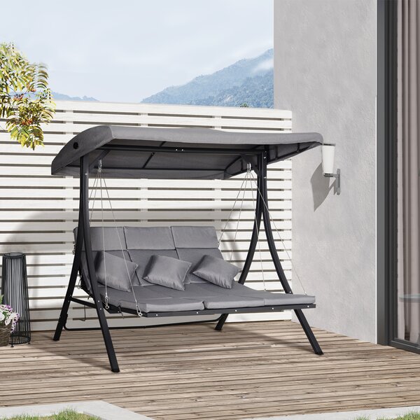 Outsunny Dondolo 3 Posti per Esterni Giardino, con Chaise Longue e Tetto Regolabile, Nero e Grigio, 200 x 115 x 168 cm|Aosom