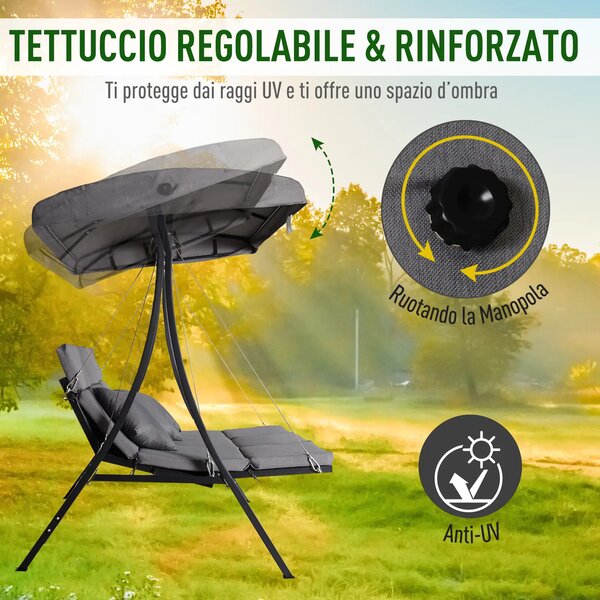 Outsunny Dondolo 3 Posti per Esterni Giardino, con Chaise Longue e Tetto Regolabile, Nero e Grigio, 200 x 115 x 168 cm|Aosom