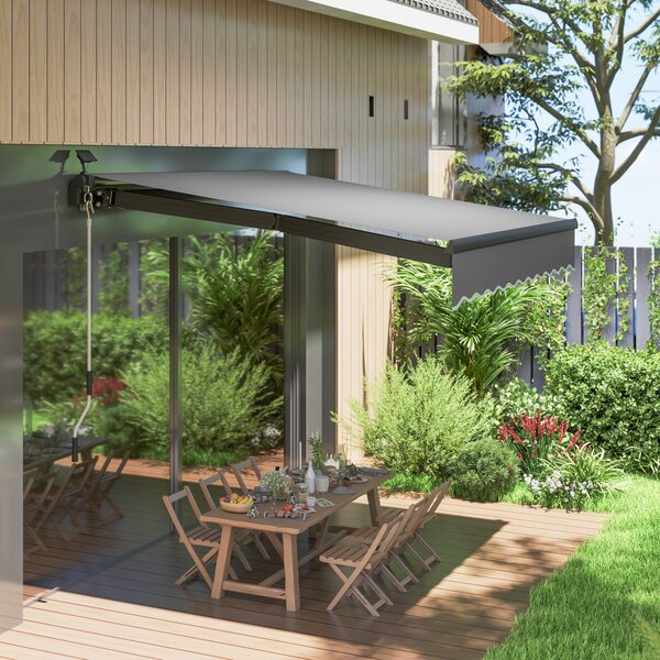 Outsunny Tendone Parasole a Scomparsa con Manovella Luci Solari Bracci Articolati Protezione Solare UV 50+ 300 cm Larghezza Grigio