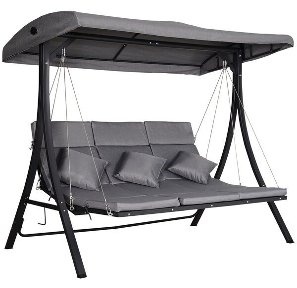 Outsunny Dondolo 3 Posti per Esterni Giardino, con Chaise Longue e Tetto Regolabile, Nero e Grigio, 200 x 115 x 168 cm|Aosom