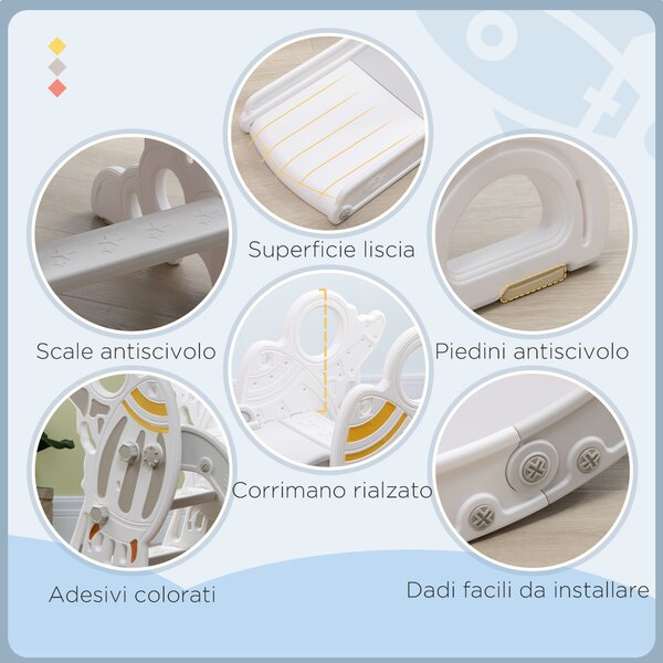 AIYAPLAY Scivolo per Bambini 18-36 Mesi in PE e PP a Tema Spaziale con Scale Antiscivolo, 157x46.5x80 cm, Grigio e Bianco | Aosom Italy