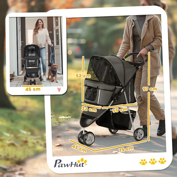 PawHut Passeggino Pieghevole per Cani con Portabicchieri e Cestino, Carrello in Acciaio e Poliestere, 75x45x97 cm, Grigio Carbone | Aosom Italy
