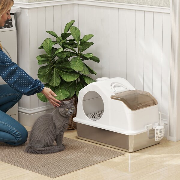 PawHut Lettiera per Gatti Chiusa con 2 Tappetini, in Acciaio Inox, ABS e PP, 60.5x40.5x42 cm, Bianca e Argento | Aosom Italy