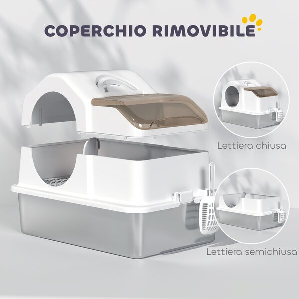 PawHut Lettiera per Gatti Chiusa con 2 Tappetini, in Acciaio Inox, ABS e PP, 60.5x40.5x42 cm, Bianca e Argento | Aosom Italy