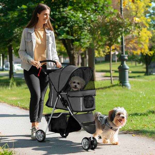 PawHut Passeggino Pieghevole per Cani con Portabicchieri e Cestino, Carrello in Acciaio e Poliestere, 75x45x97 cm, Grigio Carbone | Aosom Italy